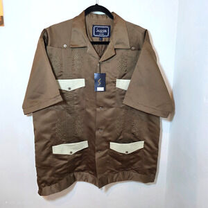 VTG Guayabera Shirt Mens XL Brown Satin Ostrich Embossed 4 Pockets Dead Stock